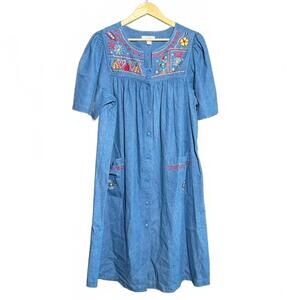 Go Softly Patio Women's Denim Embroidered Midi Dress Size M Mumu Pockets